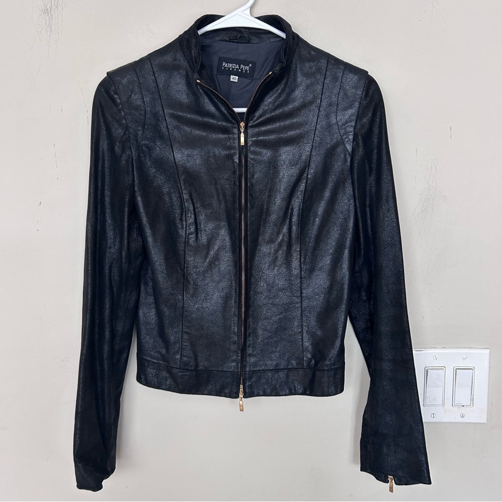 Patrizia PEPE black leather biker jacket gold-tone zipper hardware. Size 4